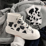 Kukombo Women's Sneakers Cow Print Kawaii Shoes Fashion Cute Lace-Up Platform Boots Ladies Casual Footwear Student Spring Loli 2022
