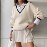 Christmas Gift HEYounGIRL  V Neck White Casual Sweater Women Preppy Style Korean Long Sleeve Jumpers Ladies High Street Autumn Winter Pullover