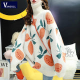 Kukombo Knit Plush Sweater women Oversize Turtleneck Female Pullovers Fruit Printed Woman Sweater Winter Loose Thick Pullovers