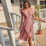 Christmas Gift Women's Summer Dress 2021 New Girl V-neck A-line Short Sleeve Chiffon Long Floral Party Beach Red Dress Femme Robe Clothing