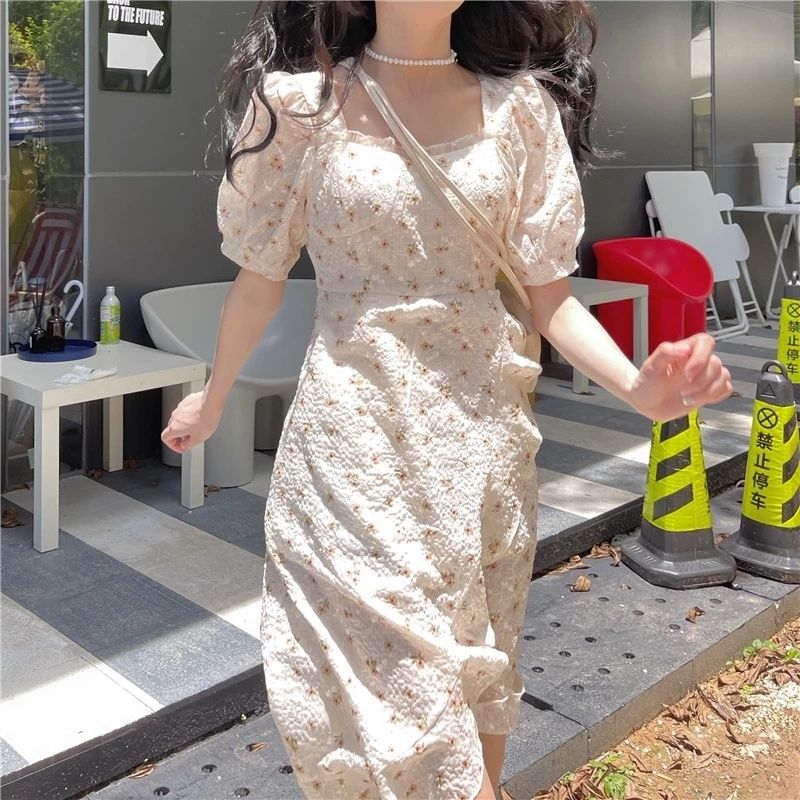 Kukombo Hstar Sweet Elegant Floral Party Dresses Women Print Puff Sleeve Boho Korea Irregular High Street Vintage Sundresses Summer 2022