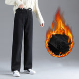 Christmas Gift Korean jeans Plush thickened wide leg pants women's high waist loose high waist new trend in autumn and winter 2021