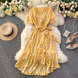 Kukombo Floral Dresses Women Summer Sexy V-Neck Boho Beach Dress Short Sleeve Bandage Waist A-Line Ruffle Midi Dress Wrap Sundress Robe