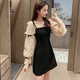 Kukombo Graduation Gift Big Sale  French Elegant Party Night Woman Mini Dress Patchwork Mesh Puff Sleeve Bow Sweet Girls Black Short Dresses Women Clothes Vestido K67