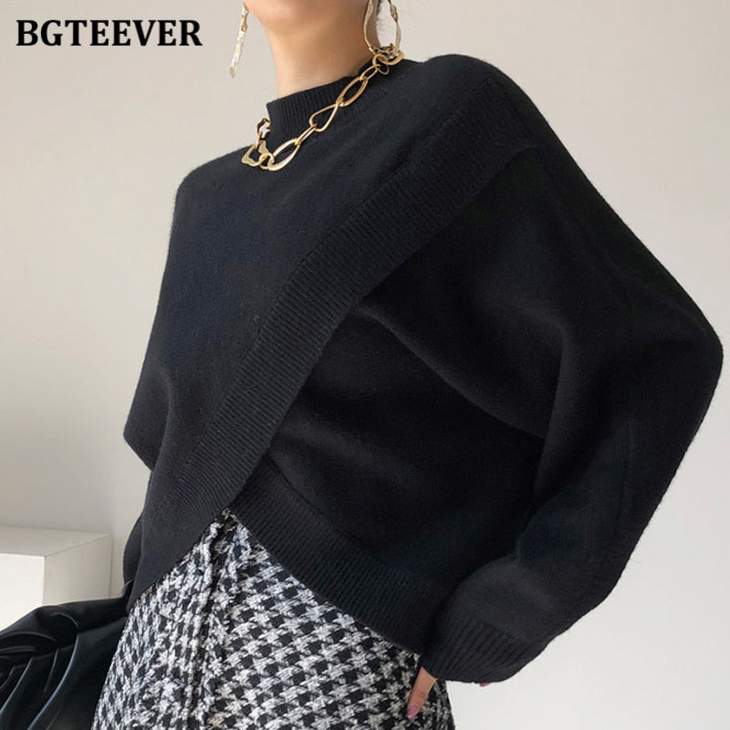 Christmas Gift BGTEEVER Stylish Criss-Cross Knitted Jumpers 2021 Autumn Winter Half Turtleneck Women Sweater Pullovers Loose Female Knit Tops