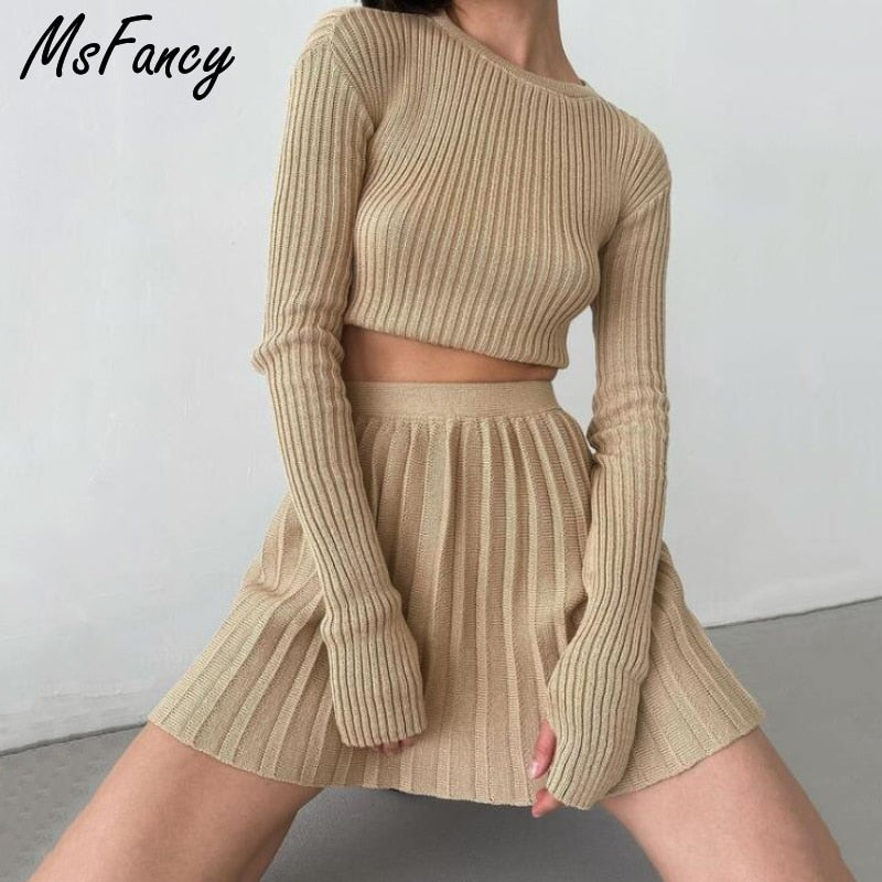 Christmas Gift Msfancy Knitted Skirt Sets Women Green Long Sleeve Slim Crop Pullover Pleated Mini Skirt 2021 Fall Mujer 2 Piece Sets