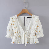 Kukombo Women Sweet Fashion Floral Embroidery Ruffled Blouses Vintage V Neck Short Sleeve Female Shirts Blusas Chic Tops