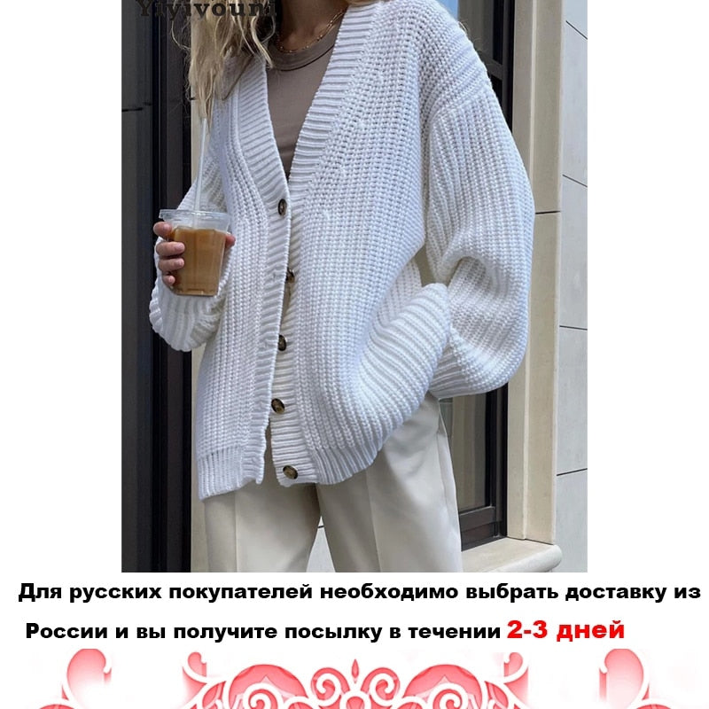Christmas Gift Yiyiyouni Autumn Winter V-Neck Loose Cardigans Women Single Breasted Casual Oversized Sweater Female Long Sleeve Knitted Jumpers