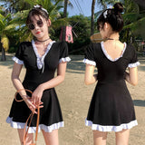 Kukombo Women's Swimwear 2022 Korean One-Piece Swimsuit With Skirt Sleeves Ruffles Bathing Suits Solid Black Drawstring Bikini Beachwear