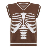 Kukombo Halloween Harajuku V Neck Vintage Oversized Sweater Women Autumn Sleeveless Brown Knitted Vest Top Casual  Aesthetic Jumper