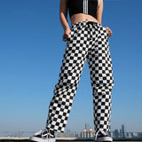 Christmas Gift Fashion Lattice Women'S Trousers Street Clothing High Waist Loose Straight Pants Woman Casual Stretch Elastic Waist Pants Women