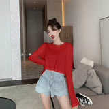 Kukombo Long Sleeve T-Shirts Women Spring Solid Loose Crop Top Sexy New Trendy Leisure Girls T-Shirt Korean Stylish Teens All-Match Chic