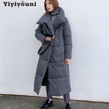 Christmas Gift Yiyiyouni 2021 Oversized Thick Long Parkas Women Solid Long Sleeve Button Pockets Jacket Female Casual Straight Winter Coat Lady