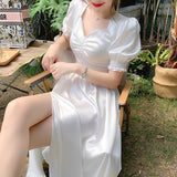 Kukombo  JuneLove French Ruffle Women Sexy Puff Sleeve Split Dress Office Lady Korean Style Summer Elegant Chiffon Fairy Boho Vestidos