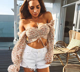 Kukombo Elegant Off Shoulder Chiffon Tank Tops Women Lantern Sleeve Crop Top Female Autumn Holiday Flroal Print Tops Tees