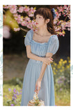 Kukombo Blue Gentle Romantic Fairy Dress Women Ruffled Square Collar Elegant High Waist Beaded Bow Sweet Cute Long Dress Summer 2022 New
