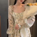 Christmas Gift 2022 Summer Sweet Floral Dress Women Elegant Mini Dress Bandage Beach One Piece Dress Korean Vintage Office Lady Long Sleeve