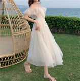 Kukombo Lolita Style Mesh Ruffles Slash Neck Off Shoulder Lace Up Women Summer White Dress Spaghetti Strap Dresses