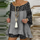 Summer Vintage Leopard Patchwork Outfits Set Cotton Linen Shirt Tops And Loose Shorts Suit Casual 3/4 Sleeve Women Two Piece Set-0406