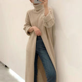 Christmas Gift Korean Knitted Sweater Spring and Autumn Style High Neck Loose Fork Over the Knee Thin and Long Sweater, Bottomed Sweater