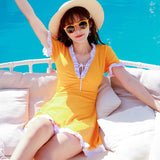 Kukombo Women's Swimwear 2022 Korean One-Piece Swimsuit With Skirt Sleeves Ruffles Bathing Suits Solid Black Drawstring Bikini Beachwear