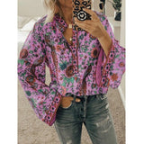 Kukombo Women Print Blouses Casual Loose Tops Stand V Neck Long Sleeves Button Plus Size Pullover Female Tee Shirts Blouse