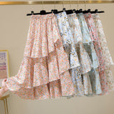 Kukombo Hot Sale Floral Skirt Women New Summer Sweet Ruffled A-Line Chiffon Long Skirt Woman Korean Clothing