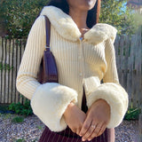 Kukombo Autumn Thin Furry Knitted Cardigan Sweater Women Vintage Elegant Chic Jumper Ladies Fashion Patchwork Knitwear Winter