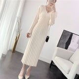 Women Knitted Sweater Maxi Dresses Autumn Winter A-line Casual Long Sleeve Vestido Office Fashion Korean V Neck Midi Robe