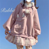 Kukombo Japanese Faux Collar Hooded Sweatshirts Women Fall Winter Loose Cat Ear Pocket Kawaii Hoodie Oversized Long Sleeve Top For Teens