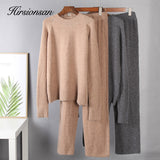 Christmas Gift Hirsionsan Basic Two Piece Knitted Loose Pants and O Neck Sweater Women 2021 Autumn Winter Warm Sets Female Tracksuits Pullovers