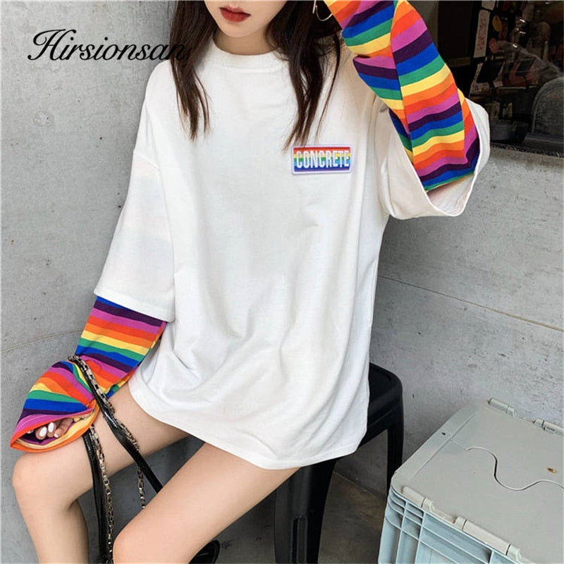 Christmas Gift Hirsionsan Rainbow Kawaii T Shirt Women 2021 New Spring Long Sleeve Harajuku Tees Casual Student Tops Stripe Oversized Clothes