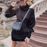 Nadafair Turtleneck Warm Women Sweater Dress Wrap Mini Vintage Lantern Sleeve Autumn Casual Solid Knitted Winter Dress