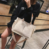 Kukombo Women Handbag Shopper Casual Canvas Large Capacity Pocket Bags Simple Solid Color Messenger Shoulder School Bag Travel Tote