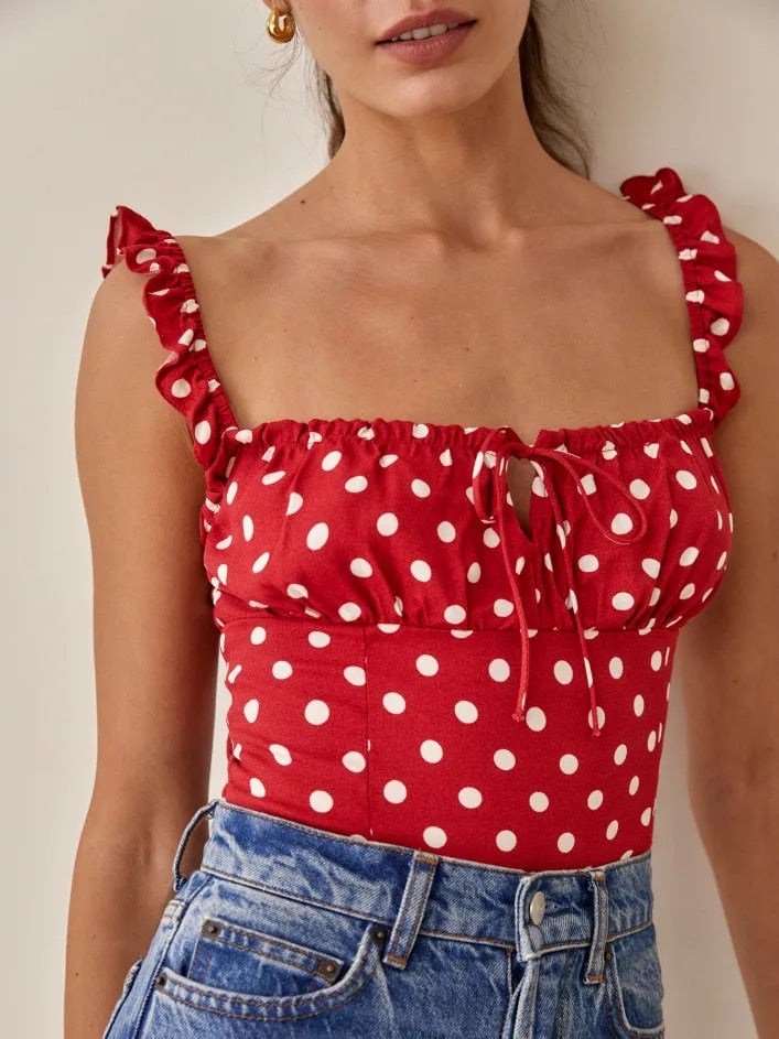 Kukombo Sexy Sweet Polka Dot Camis Top Summer Casual Lace Up Off Shoulder Backless Slim Wide Strap Short Cropped Women Tank Tops