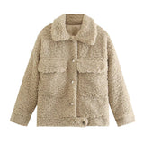Kukombo Winter New Fur Blend Coat Women Laple Loose Pocket Long Sleeve Warm Trick Fashion Coats Female