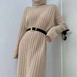Kukombo Christmas Gift Women Autumn Winter Turtleneck Casual Midi Knitted Dress Long Sleeve Loose Elegant Sweater Vestidos Femme Fashion Outerwear Robe