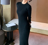 Christmas Gift O-neck Slim Sweaters Bodycon Dress for Women Autumn Winter Knitted Vestidos Femme Full Sleeve Midi Female Dress