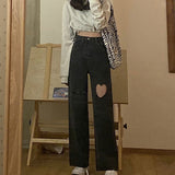 Kukombo  2022 streetwear Heart shaped hole  jeans for women high waist mom jeans vintage Black denim pants Full Length trouser Harajuku