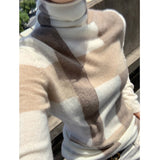 KukomboChristmas Gift New Cashmere Sweater Women's High-Neck Color Matching 100% Pure Wool Pullover Fashion Plus Size Warm Knitted Bottoming Shir-A
