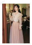 Kukombo 2 Piece Set Women Outfits Sweet Elegant Skirt Suit Flare Sleeve Cute Doll Collar Lace Shirt Top And Fairy High Waist Mesh Skirt K151