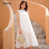 Christmas Gift Marwin Long Simple Casual Solid Hollow Out Pure Cotton Holiday Style High Waist Fashion Mid-Calf Summer Dresses NEW Vestidos