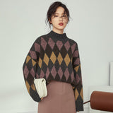 Christmas Gift FANSILANEN Women Argyle Plaid Knitted Sweater Women Casual Commuter Streetwear Loose Spring Sweater Female Long Sleeve Retro Top