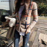 Kukombo Vintage England Synthetic Mink Cashmere Sweater Women Autumn Winter Warm Fluffy Button Up Cropped Cardigan Plaid