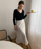 Kukombo Elegant High Waist Satin Silk Skirt Women Spring Solid Slim A-line Skirt Women White Party Mid-Calf Skirt Lady Office