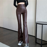 Kukombo  PU Leather Flare Pants Women Y2k Pants Fashion Elegant Slim Pant Vintage Black Casual High Waist Trousers Streetwear