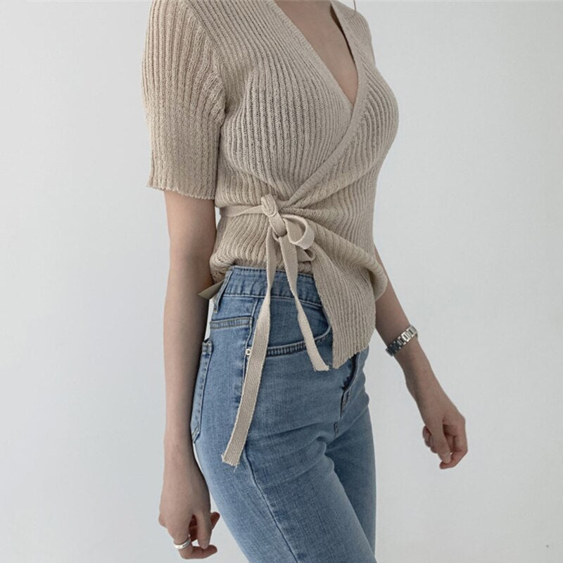 Christmas Gift Solid V-neck Shirt Woman Korean Short-sleeved Slim Knitted Shirt Women Summer Simple Lace-up Stretch Shirt Women's 2021