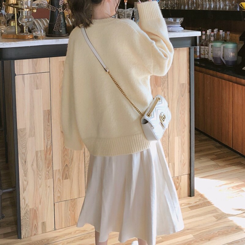 Kukombo Sweaters for Women Yellow O-Neck Pullovers Vintage Knitted 2022 Autumn Winter New Clothes Solid Casual Korean Loose Top