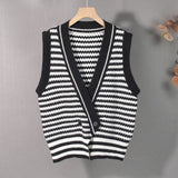 Kukombo 2022 New Spring Autumn Women Sweaters Striped Sleeveless Vest Waistcoat Knitted Vintage Wild Short Tops SWV3085JX