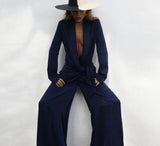 Kukombo Sexy Lace-Up Blazer Two Piece Pants Set Women Elegant Loose Satin Wide Trouser Suits Female Fashion High Waist Pants Set